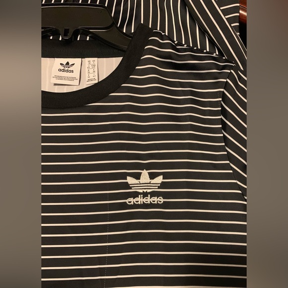 ✨⚡️💥Adidas Trefoil Originals Satin Black White Striped Tee Dress - Picture 7 of 15